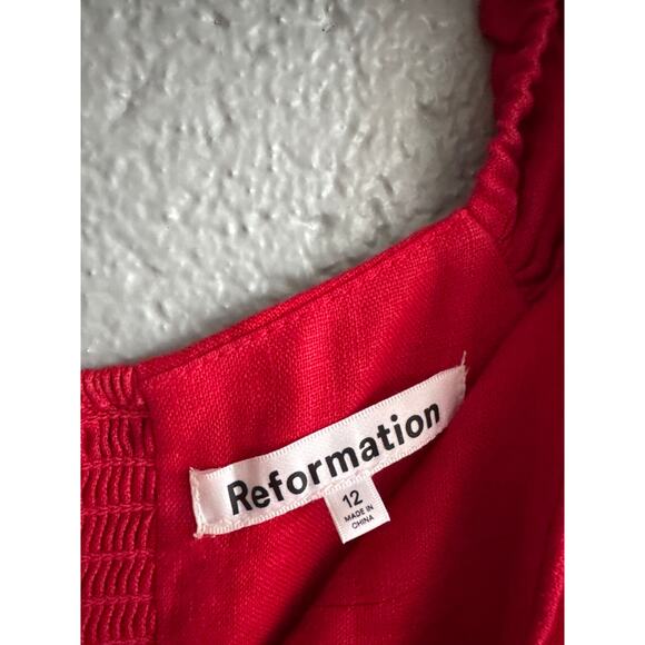 Women's Reformation Bridgton 100% Linen Midi Dress size 12 in Cherry Red Holiday - Picture 3 of 5